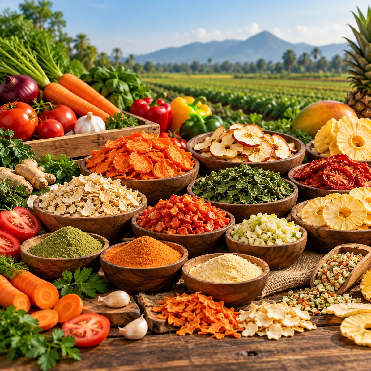 Dehydrated fruits and vegetables in different commercial food ingredient formats