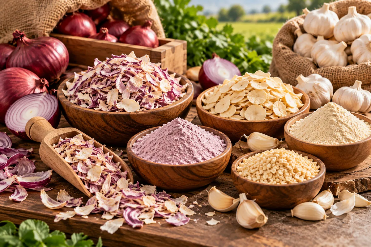 Dehydrated onion flakes and garlic powder for bulk food manufacturing.